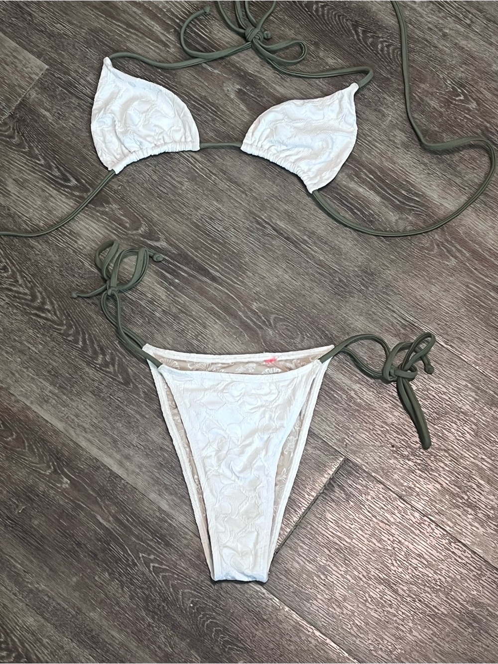 Free People White Floral Textured Triangle Bikini with Olive Tie Straps